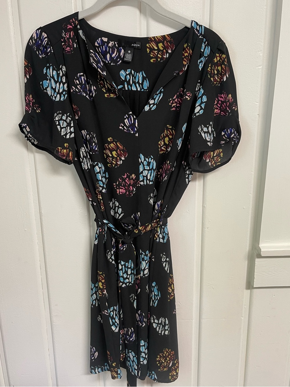 Aqua Black Multicolor Floral-Spot Tie-Waist Mini Dress